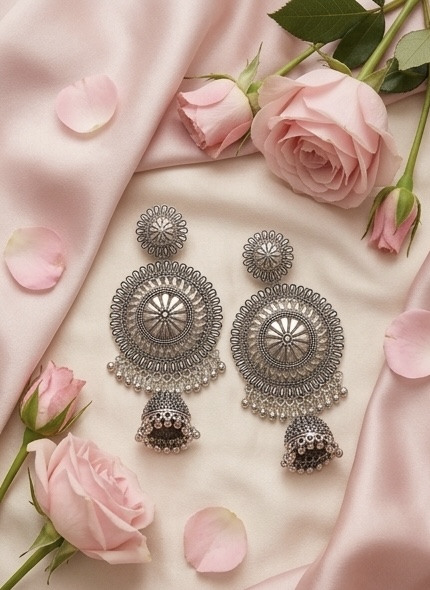 Antique Silver Chandbali Jhumka Earrings