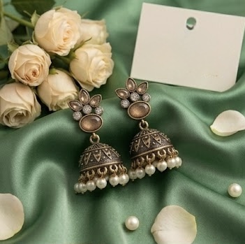 Antique Gold Floral Dome Jhumka Earrings with Pearl Drops